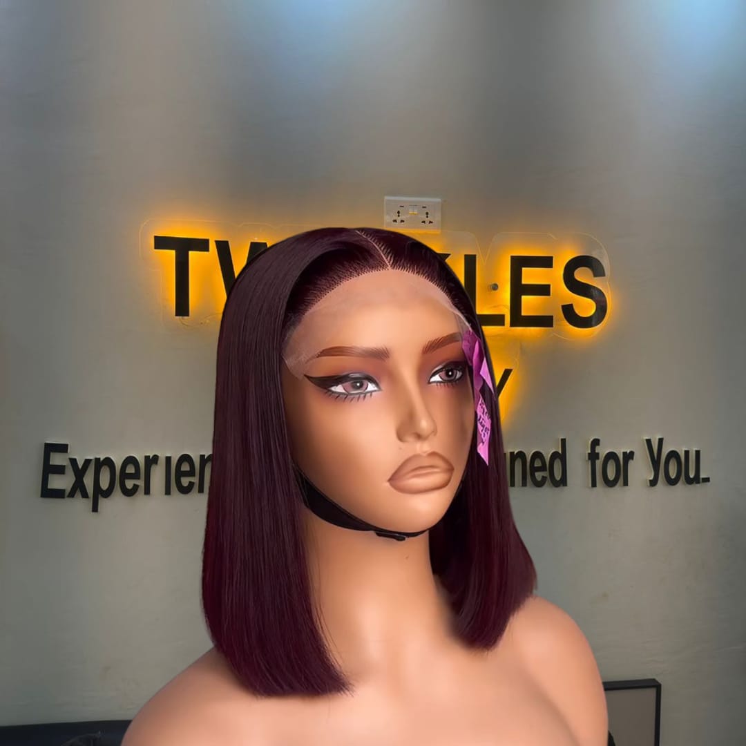 10” Luxury Burgundy Vietnamese Bone Straight 5x5 Swiss Lace Deep Part Super Double Drawn 200g Blunt Bob Wig - Image 2