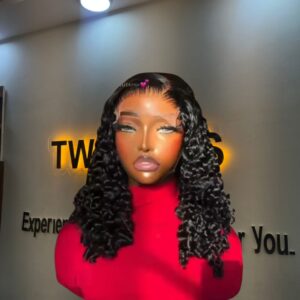 14-inch Super Double Drawn natural black Chinese pixie curls human hair wig with a 5x5 Swiss lace closure.