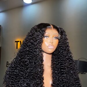 28-inch Super Double Drawn natural black Chinese pixie curls human hair wig with an ultra-full silhouette and a 5x5 Swiss lace closure.