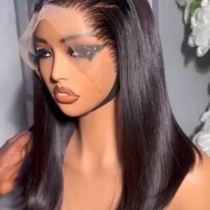 12-inch Super Double Drawn natural black Vietnamese bone straight human hair lob wig with an ear-to-ear 13x4 Swiss lace frontal on a showroom mannequin.