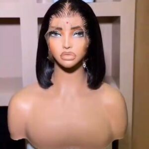 8-inch Super Double Drawn natural color Vietnamese bone straight human hair bob wig with a seamless 13x4 Swiss lace frontal on a mannequin.