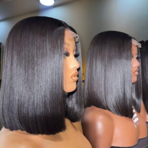 10-inch natural black Vietnamese bone straight human hair bob wig styled into a precision blunt cut with a 2x6 closure on side-by-side mannequins.