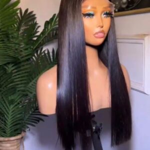 20-inch Super Double Drawn natural black Vietnamese bone straight human hair wig displaying a sleek, high-shine surface and a flat center-parted 5x5 lace closure.