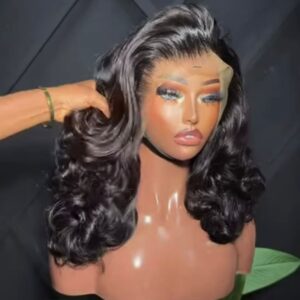 14-inch premium raw Vietnamese bouncy wavy human hair wig styled with voluminous stacked Hollywood curls on an extra-deep 13x6 Swiss lace frontal.