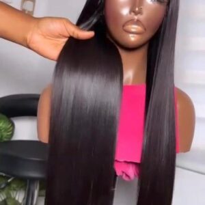 18-inch Super Double Drawn natural black Vietnamese bone straight human hair closure wig displaying an iron-flat structure and high-shine surface.