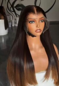 20-inch single donor Vietnamese bone straight human hair wig with a dark espresso root melting into warm chestnut ombre tips, built on a 13x6 Swiss frontal.