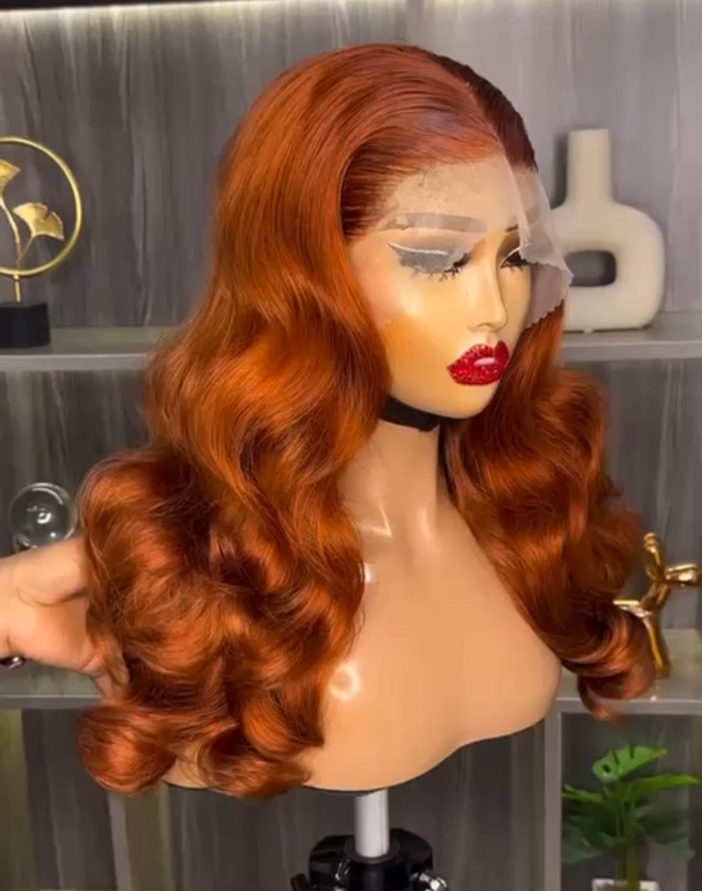 18-inch Super Double Drawn brilliant orange human hair wig with a 13x4 Swiss lace frontal and high-shine Hollywood waves.