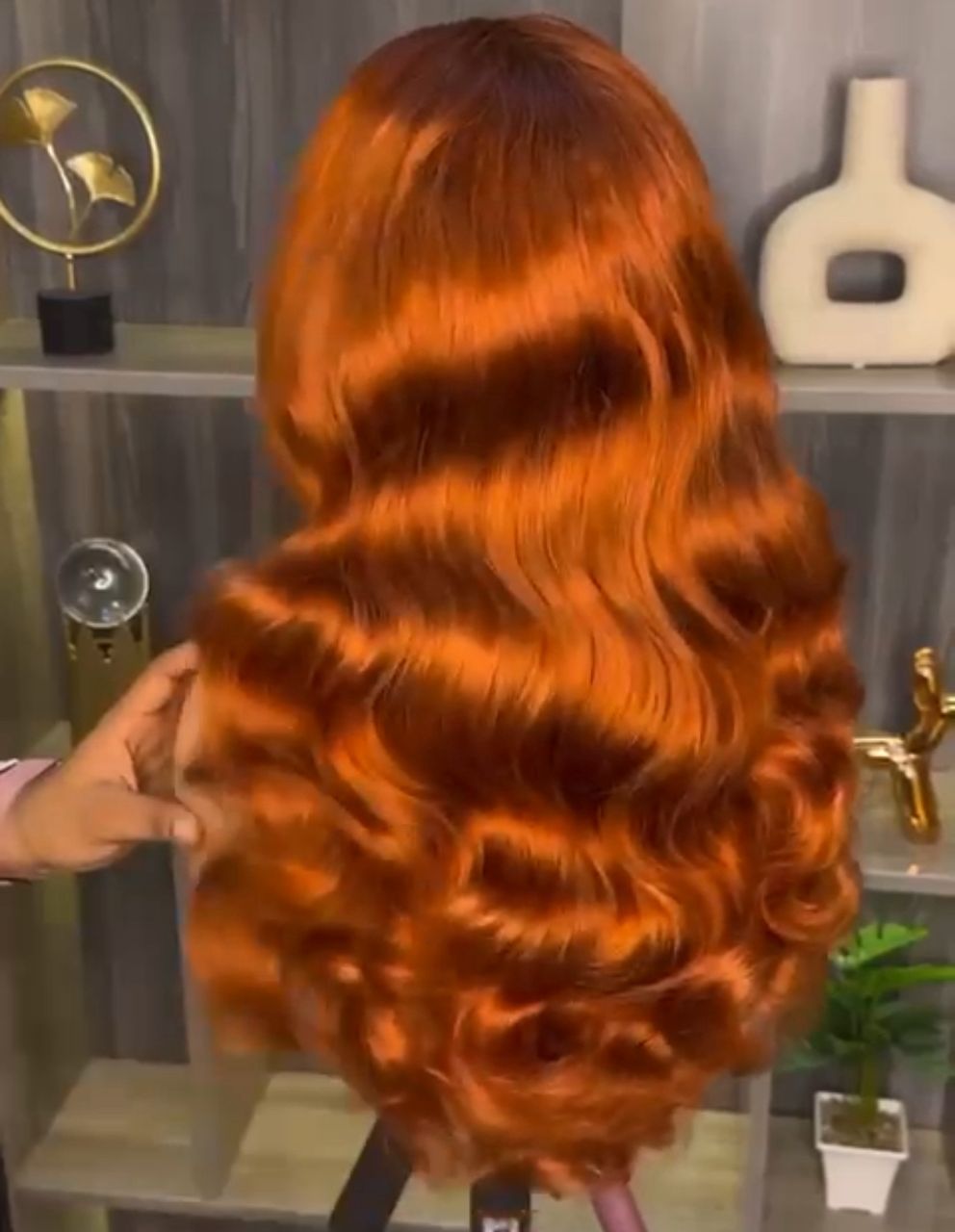18” Vibrant Orange Chinese Wavy 13x4 Swiss Lace Frontal Super Double Drawn 300g Factory Wig - Image 3