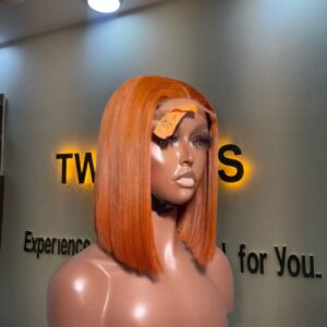 10-inch Super Double Drawn brilliant neon orange Vietnamese bone straight human hair bob wig with a 2x6 Swiss lace closure.