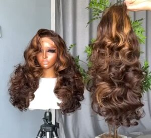 20-inch Super Double Drawn Piano Highlight Chinese Wavy human hair wig with a Swiss lace closure and layered barrel curls.
