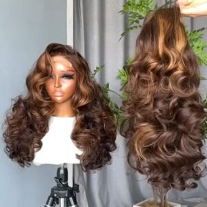 20-inch Super Double Drawn Piano Highlight Chinese Wavy human hair wig with a Swiss lace closure and layered barrel curls.
