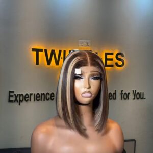10-inch Super Double Drawn Piano Highlight Vietnamese Bone Straight human hair bob wig with a 2x6 Swiss lace closure.
