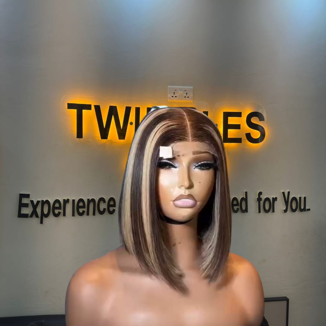 10-inch Super Double Drawn Piano Highlight Vietnamese Bone Straight human hair bob wig with a 2x6 Swiss lace closure.