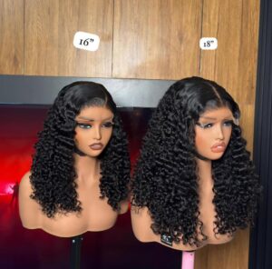 16-inch and 18-inch Raw Deep Wave Pixie Curls wigs with 5x5 lace closures on mannequin heads.