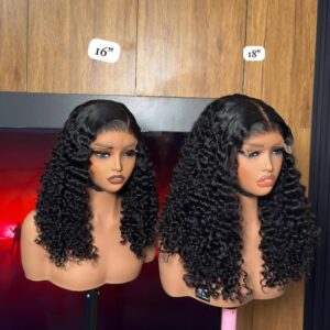 16-inch and 18-inch Raw Deep Wave Pixie Curls wigs with 5x5 lace closures on mannequin heads.