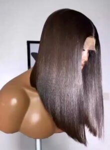 14-inch Super Double Drawn natural black Vietnamese bone straight human hair long bob wig with a flat-laying 2x6 Swiss lace closure.