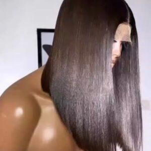 14-inch Super Double Drawn natural black Vietnamese bone straight human hair long bob wig with a flat-laying 2x6 Swiss lace closure.