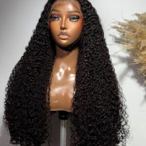 28-inch Super Double Drawn Natural Black Raw Pixie Curls wig with a 13x6 lace frontal on a mannequin.