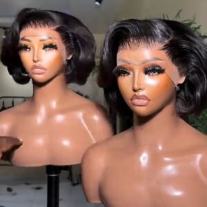 Super Double Drawn Natural Black SDD Tiwa wig with a 13x4 Swiss lace frontal and voluminous flipped-out ends.