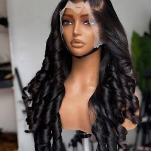 24-inch Super Double Drawn Natural Black Vietnam Bouncy hair wig with a 13x6 lace frontal and voluminous barrel curls.