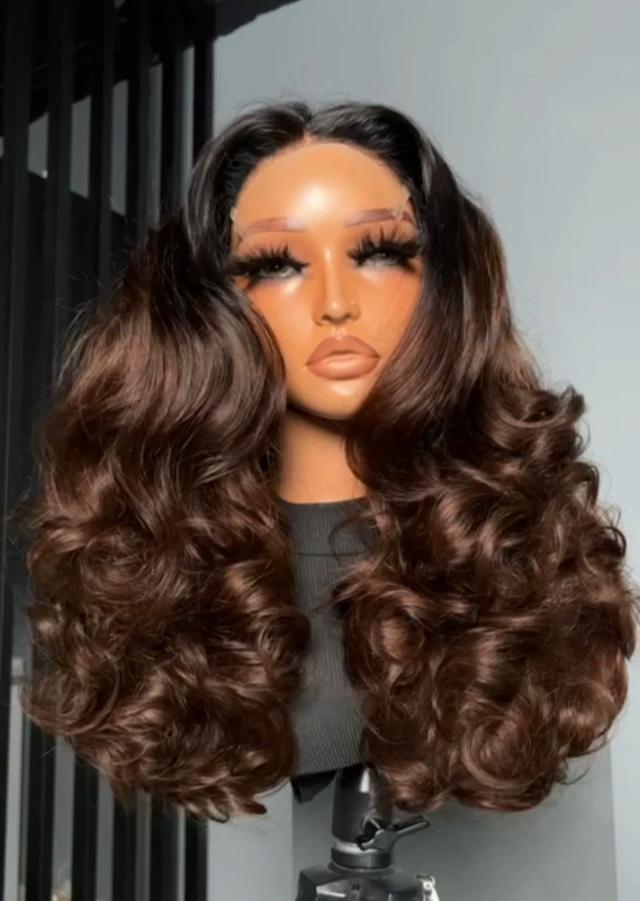 20-inch Super Double Drawn chocolate brown human hair wig with a 5x5 Swiss lace closure and voluminous, bouncy curls.