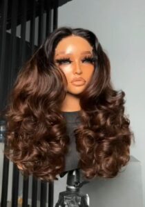 20-inch Super Double Drawn chocolate brown human hair wig with a 5x5 Swiss lace closure and voluminous, bouncy curls.