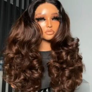 20-inch Super Double Drawn chocolate brown human hair wig with a 5x5 Swiss lace closure and voluminous, bouncy curls.