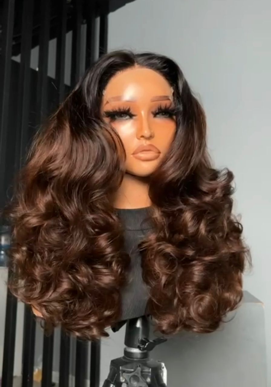 20-inch Super Double Drawn chocolate brown human hair wig with a 5x5 Swiss lace closure and voluminous, bouncy curls.