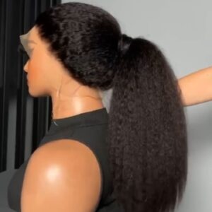20-inch premium raw kinky straight human hair wig styled up into a thick, textured high ponytail using an all-round 360 lace frontal cap.