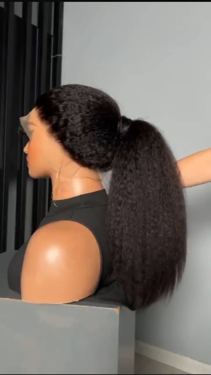 20-inch premium raw kinky straight human hair wig styled up into a thick, textured high ponytail using an all-round 360 lace frontal cap.