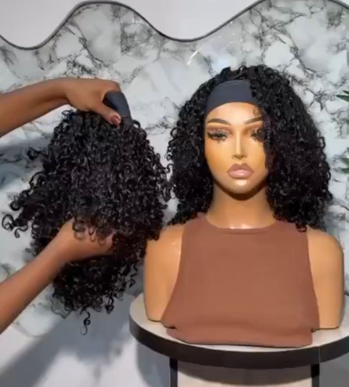 14” Sculpted Natural Black Pixie Curly Luxe Super Double Drawn 200g Glueless Headband Wig - Image 3