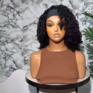 14-inch Super Double Drawn natural color pixie curly human hair headband wig displaying bouncy, high-density wet look ringlets on a black comfort band base.