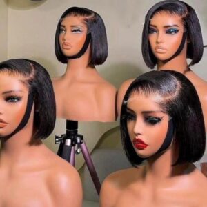 Four 8-inch super double drawn natural color Vietnamese straight human hair bob wigs with pre-styled side-part curves on 5x5 Swiss lace closures.