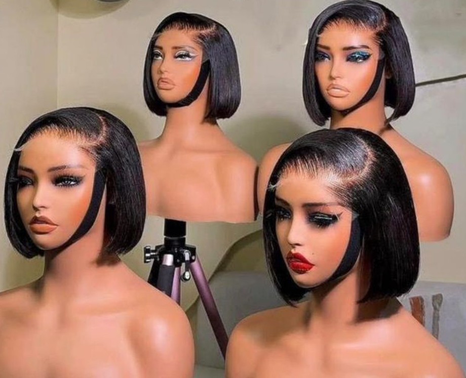 Four 8-inch super double drawn natural color Vietnamese straight human hair bob wigs with pre-styled side-part curves on 5x5 Swiss lace closures.