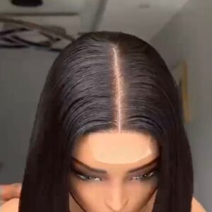 8-inch super double drawn natural color Vietnamese bone straight human hair bob wig cut into a sharp, graduated asymmetrical A-line profile with a 2x6 closure.