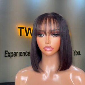 10-inch super double drawn natural color Vietnamese bone straight human hair bob wig with a wispy front eyebrow-skimming fringe and a 2x4 Swiss lace base.