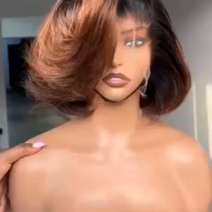 8-inch Super Double Drawn raw Vietnamese human hair frontal bob wig dyed a dark-rooted caramel honey brown, styled into a high-volume side-swoop curl.