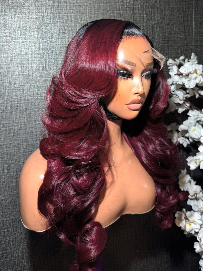 99J Burgundy Vietnam Bounce 5x5 Closure Layered Raw Hair Wig - Image 2