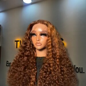 22-inch Super Double Drawn Piano Highlight Chinese Pixie Curls human hair wig with a 5x5 Swiss lace closure and high-volume curls.
