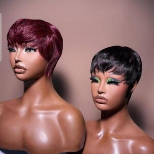 Side-by-side display of two 4-inch short human hair fringe pixie crop skull cap wigs on mannequins, one in plum wine burgundy and one in sleek natural black.