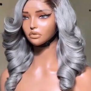 grey layer bounce 1 14-inch Super Double Drawn Ombre Grey Vietnam Layer Bounce hair wig with dark roots and voluminous structured curls.