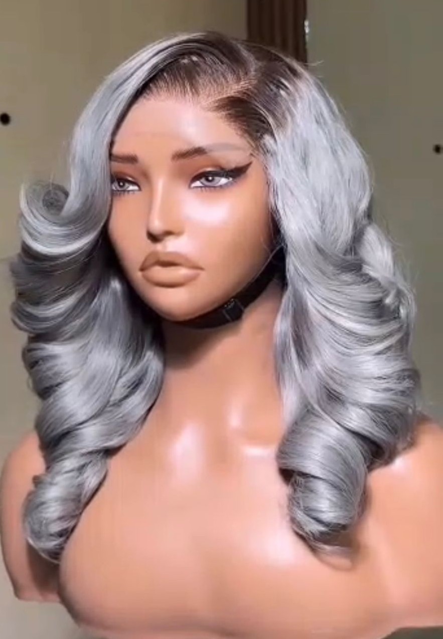 14-inch Super Double Drawn Ombre Grey Vietnam Layer Bounce hair wig with dark roots and voluminous structured curls.