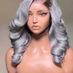 14-inch Super Double Drawn Ombre Grey Vietnam Layer Bounce hair wig with dark roots and voluminous structured curls.