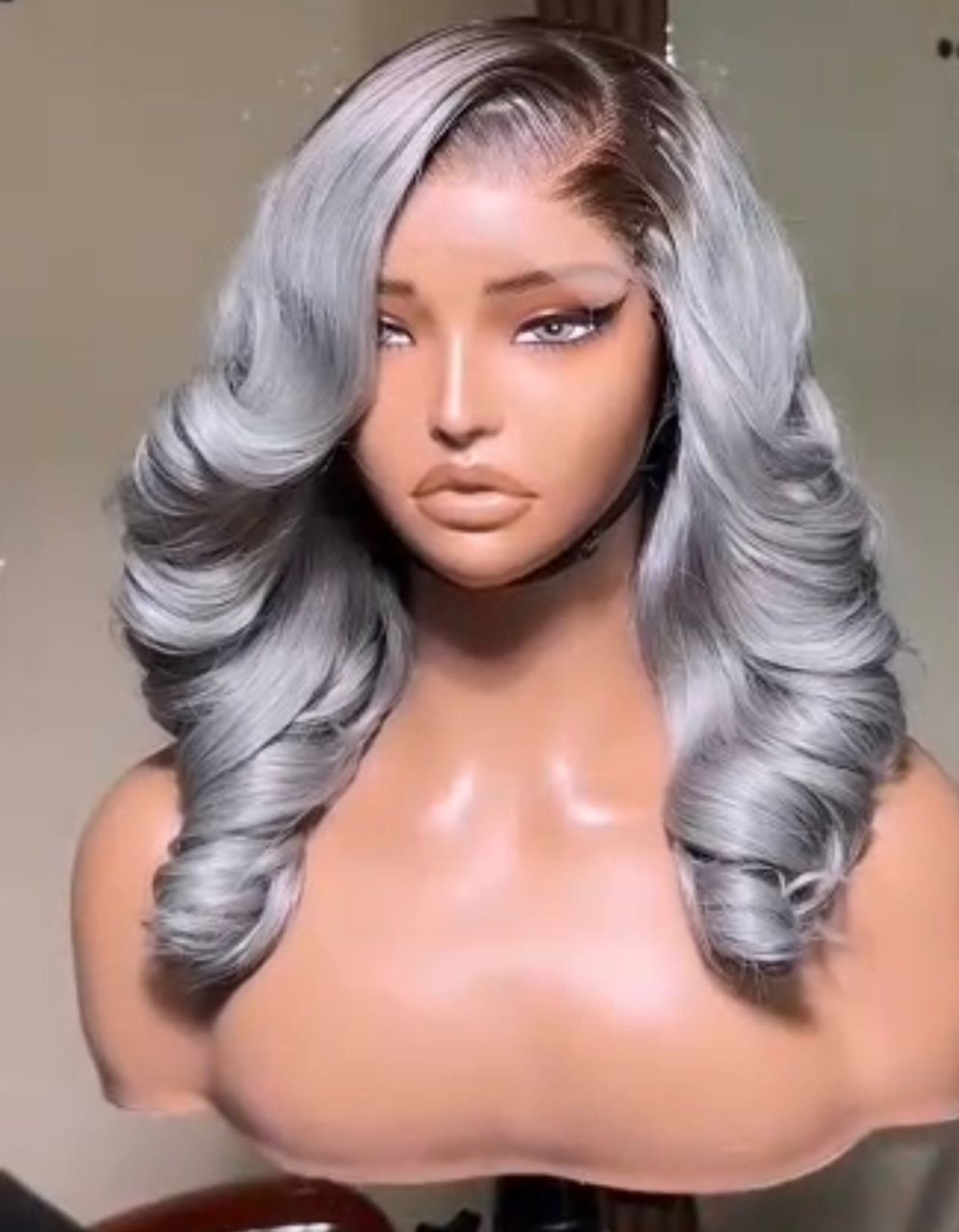 14-inch Super Double Drawn Ombre Grey Vietnam Layer Bounce hair wig with dark roots and voluminous structured curls.